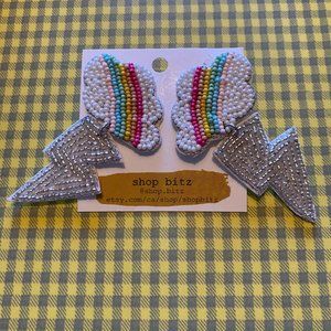 Shop Bitz, Large Beaded Earrings, Rainbow & White